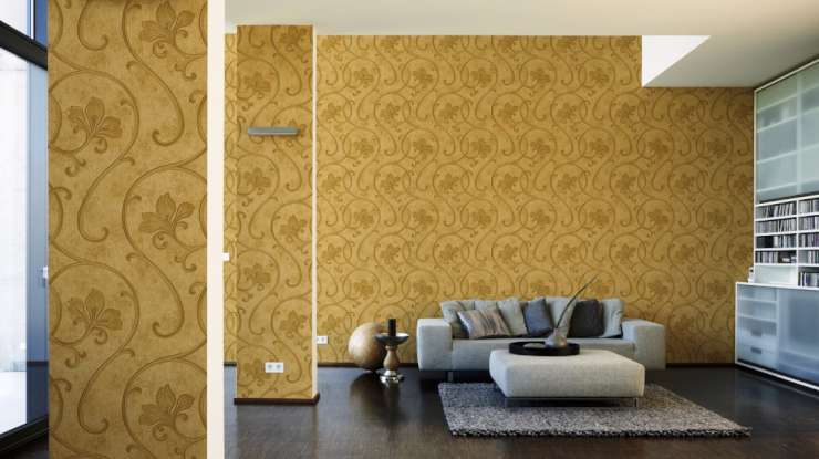טפט לקיר מדליונים בצורת עלים גוון זהב דוגמא