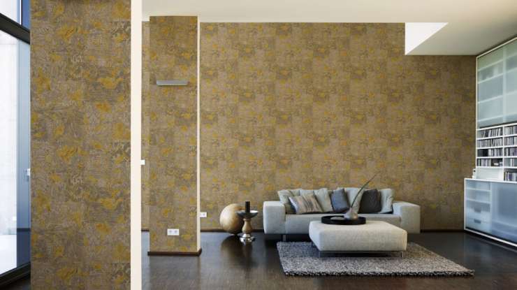 טפט לקיר בצורת עלים אפור זהב דוגמא